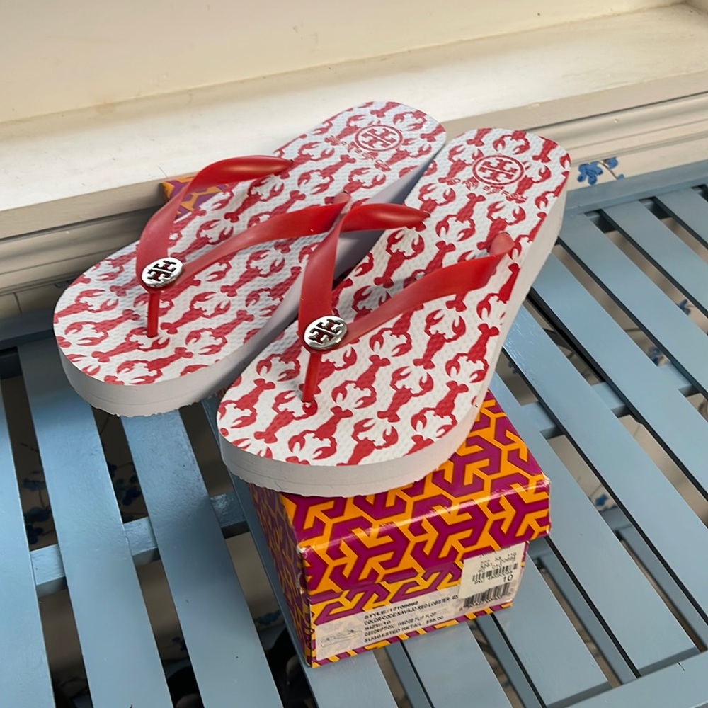 New, NEVER worn Tory Burch Red Lobster Wedge Flip Flops